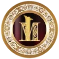 Gold 'M' monogram inside an ornate circular emblem with a decorative gold border representing Imperial matrimonial.